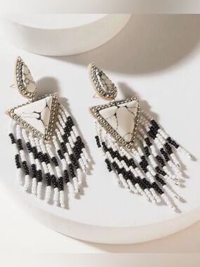 Myra Bag Chevrun Wild Black and White Beaded Fringe Triangle Drop Earrings